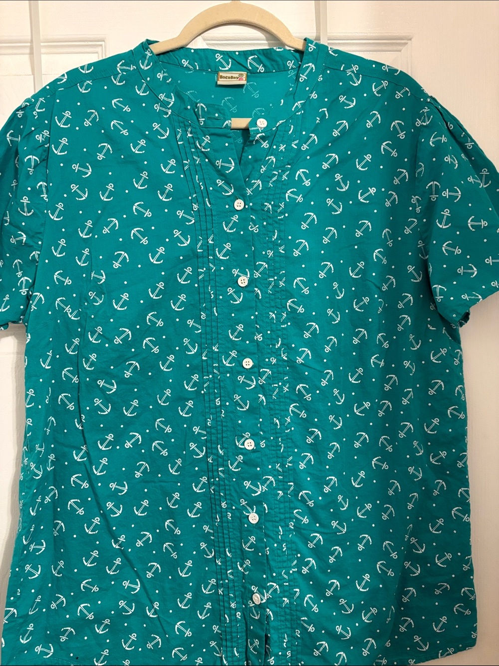 BocaBay Teal Short-Sleeve Anchor-Print Button Down Shirt size XL PtP 23 inches